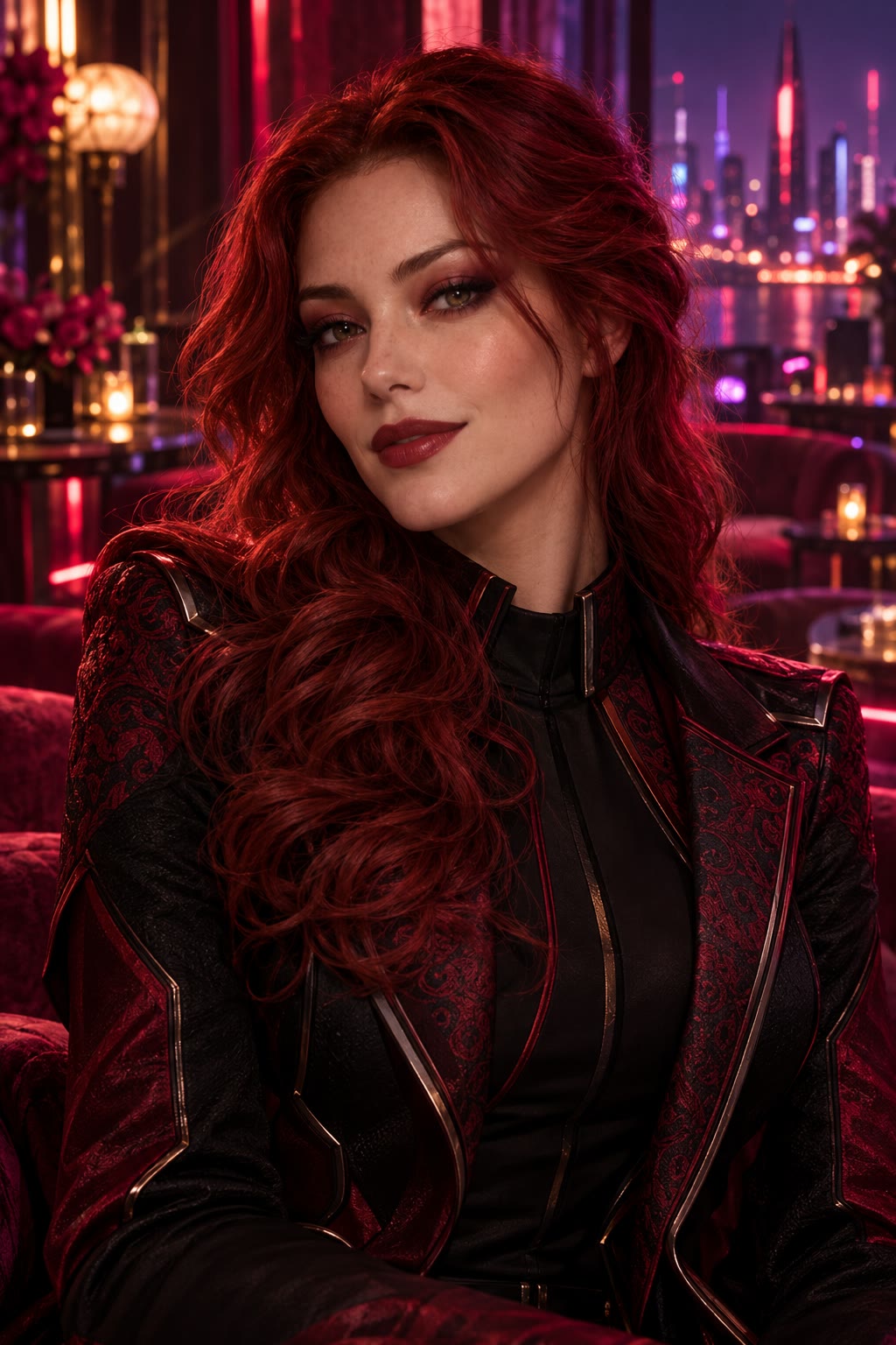 Portrait of Cindy Smilles, a fictional adult AI character in a neon-lit evening setting