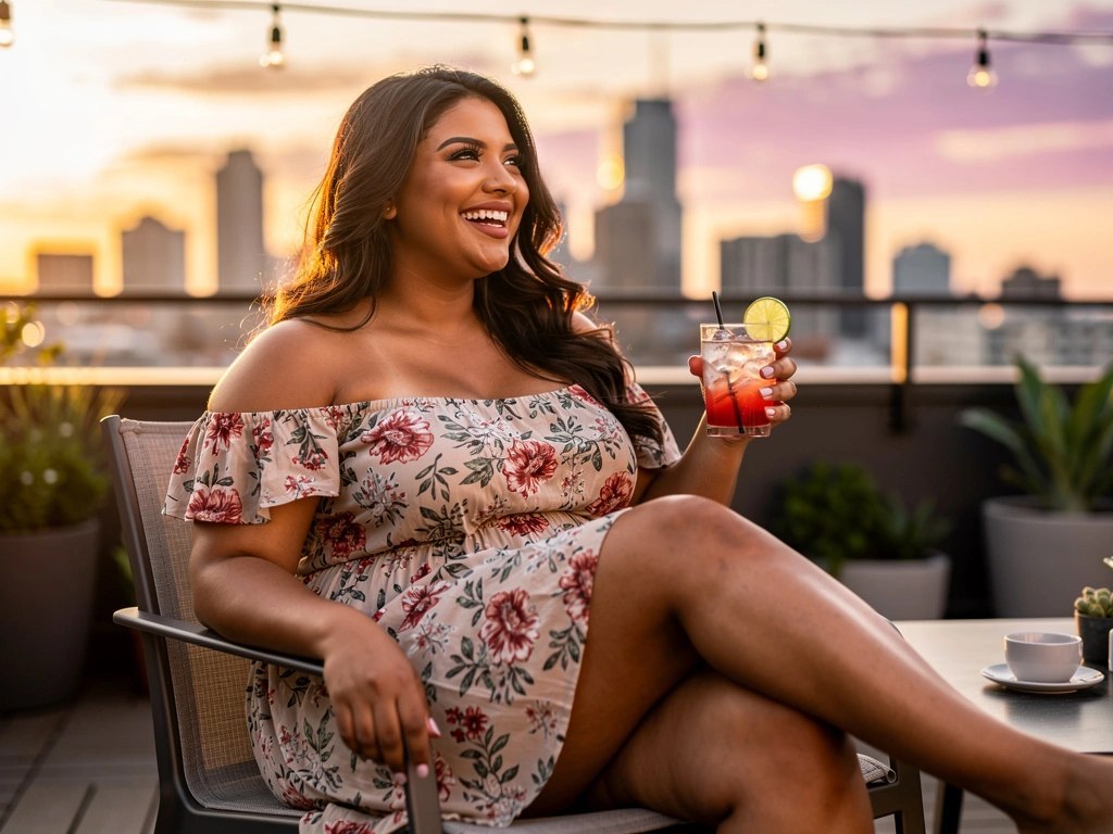 Isabella Castro, a fictional adult AI character, smiling in a floral dress on a rooftop terrace